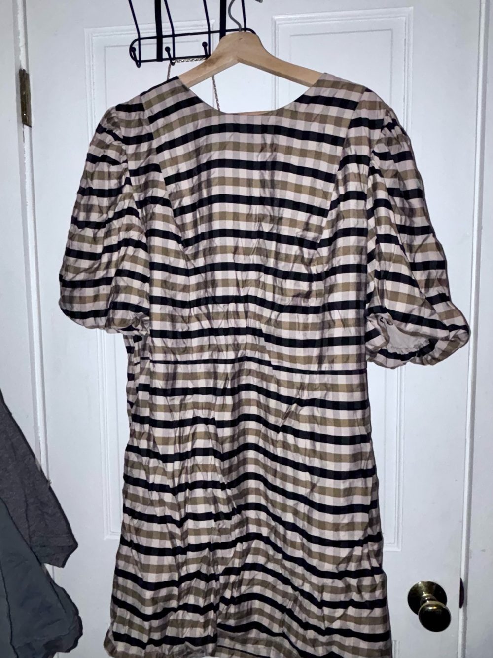 H&M Beige & Black Plaid Midi Dress with Puff Sleeves